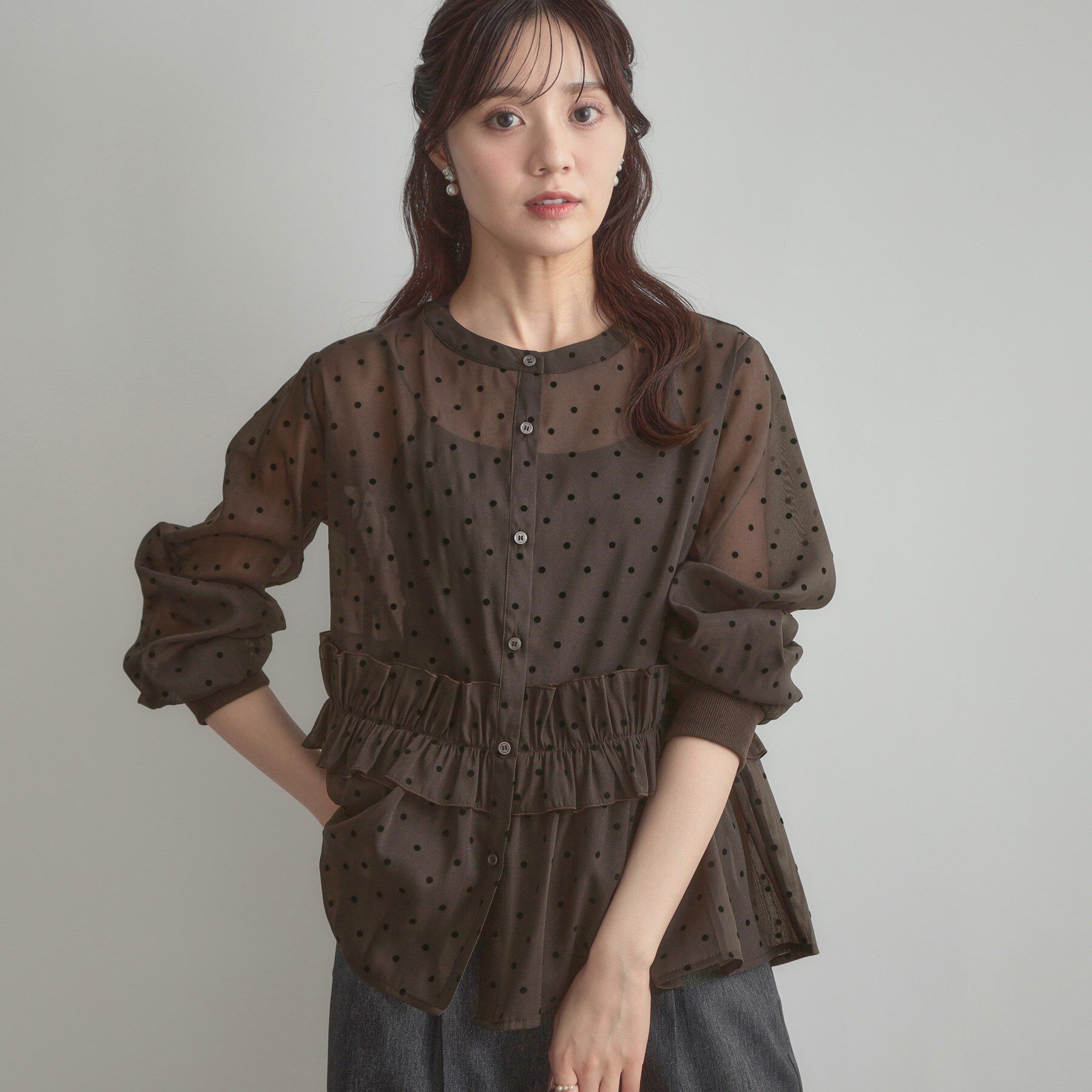 Couture broach「フロッキードットペプラムブラウス」|シャツ・ブラウス|ブラウン(144)