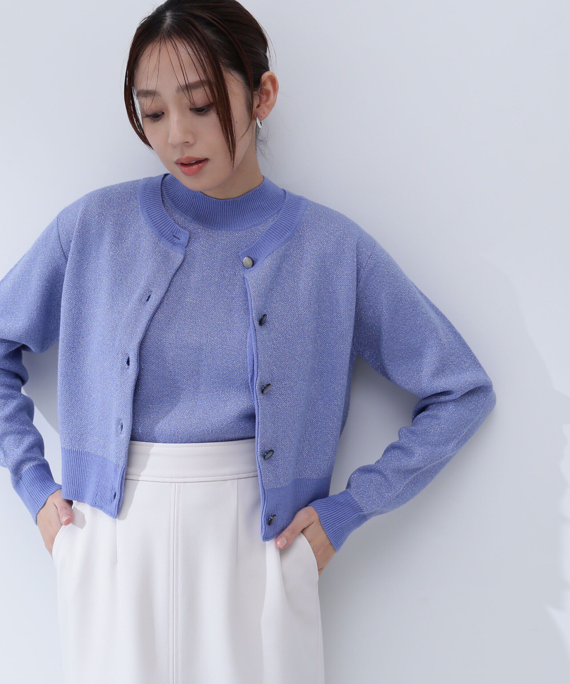  「クロップドラメジャガードアンサンブル」|ニット・セーター|ブルー