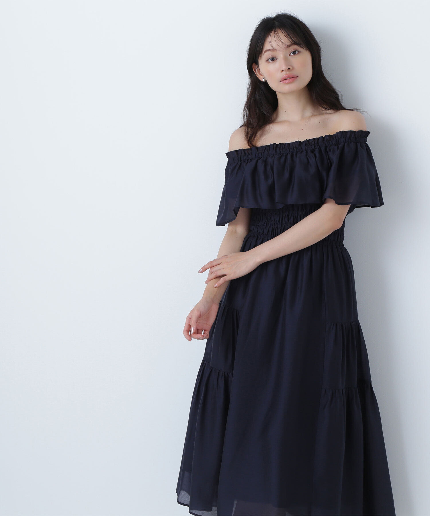  「シアーオフショルワンピース」|ワンピース|ネイビー