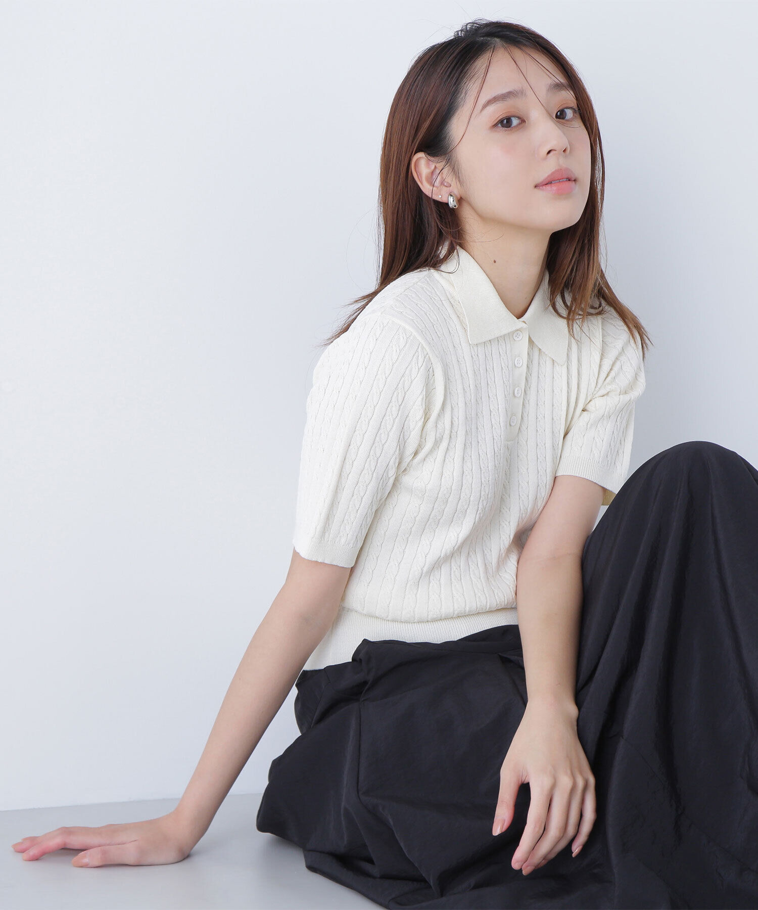  「ケーブルポロニット」|ニット・セーター|オフホワイト1