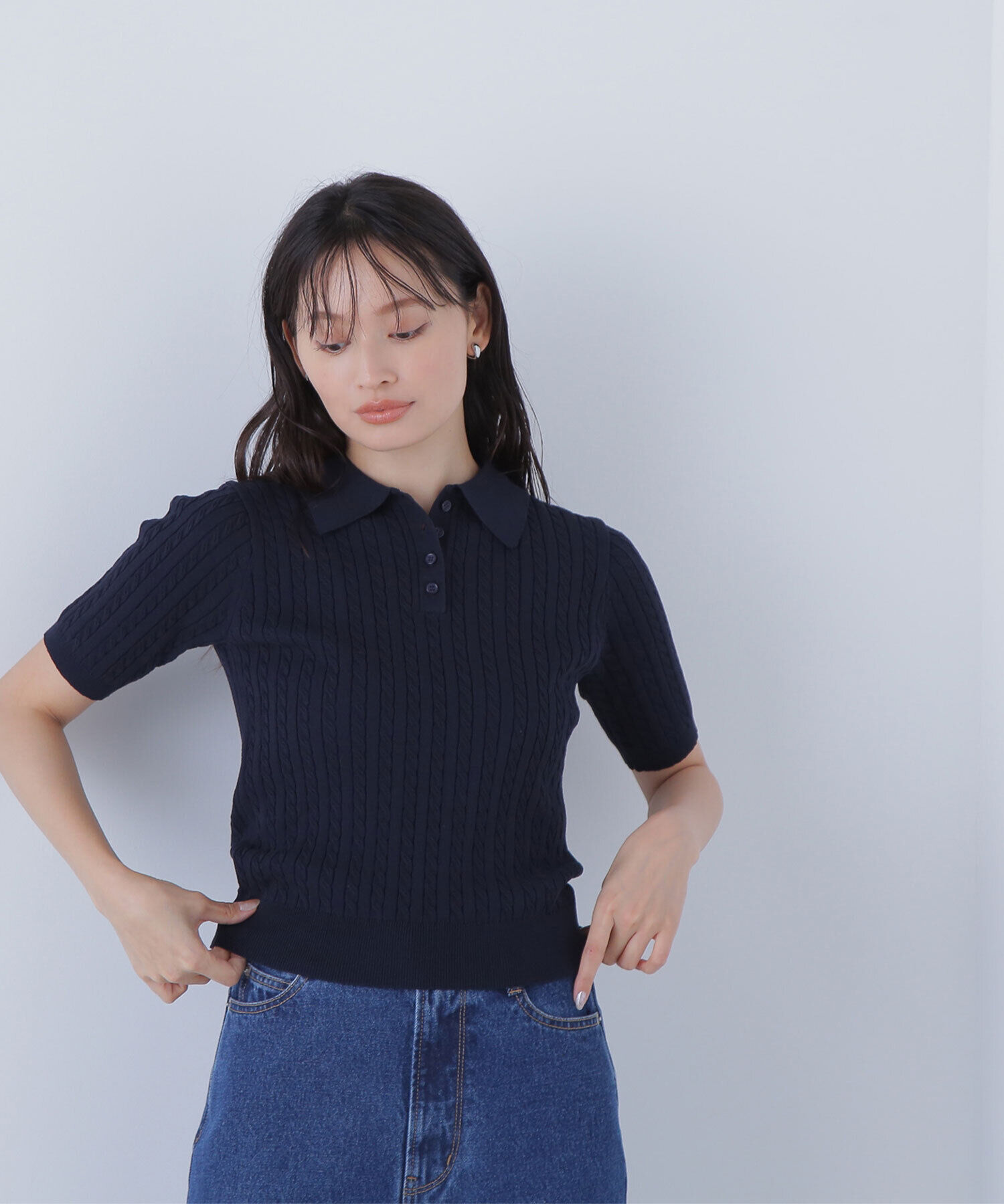  「ケーブルポロニット」|ニット・セーター|ネイビー