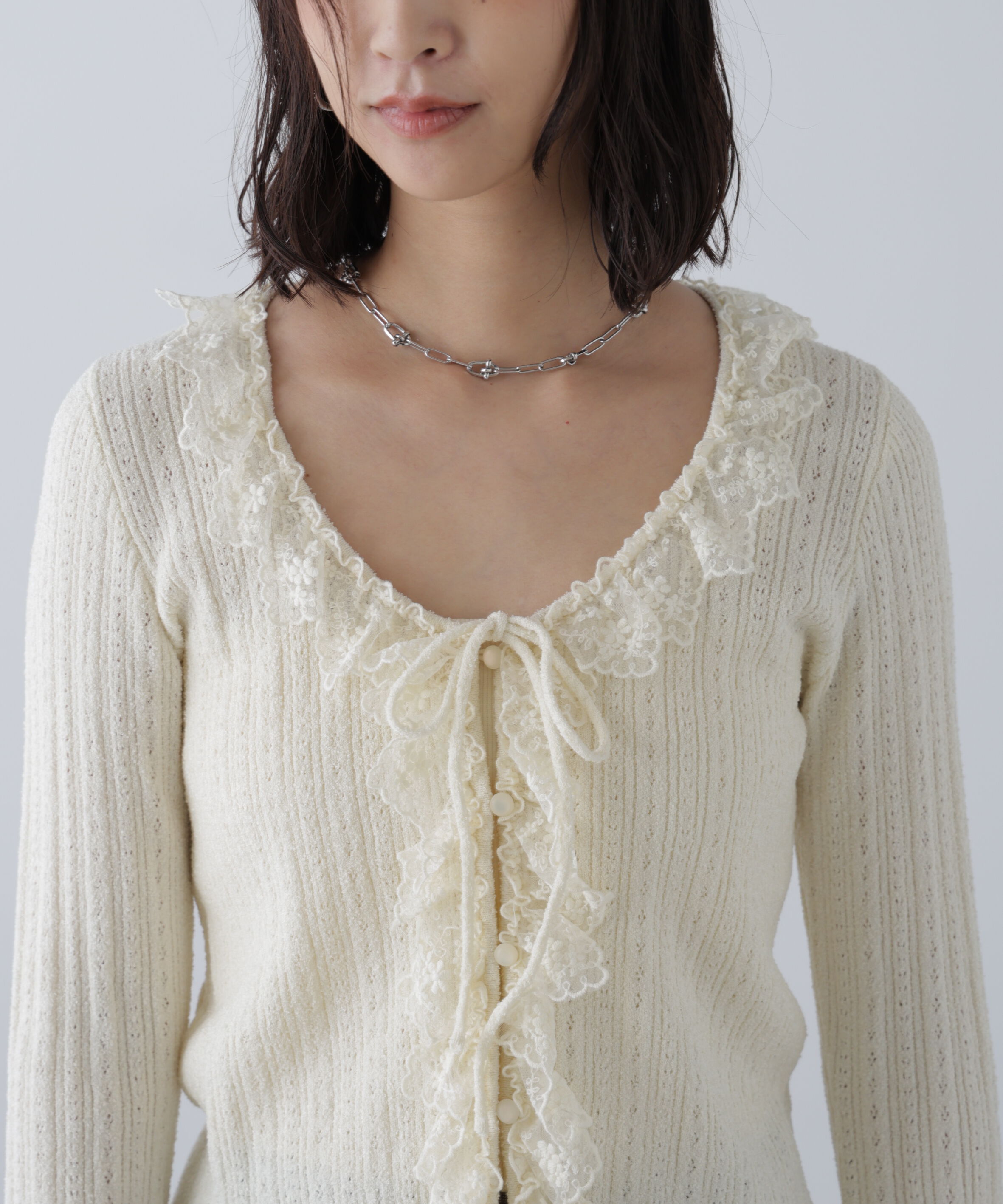  「ミニブークレーフリルレースカーディガン」|ニット・セーター|