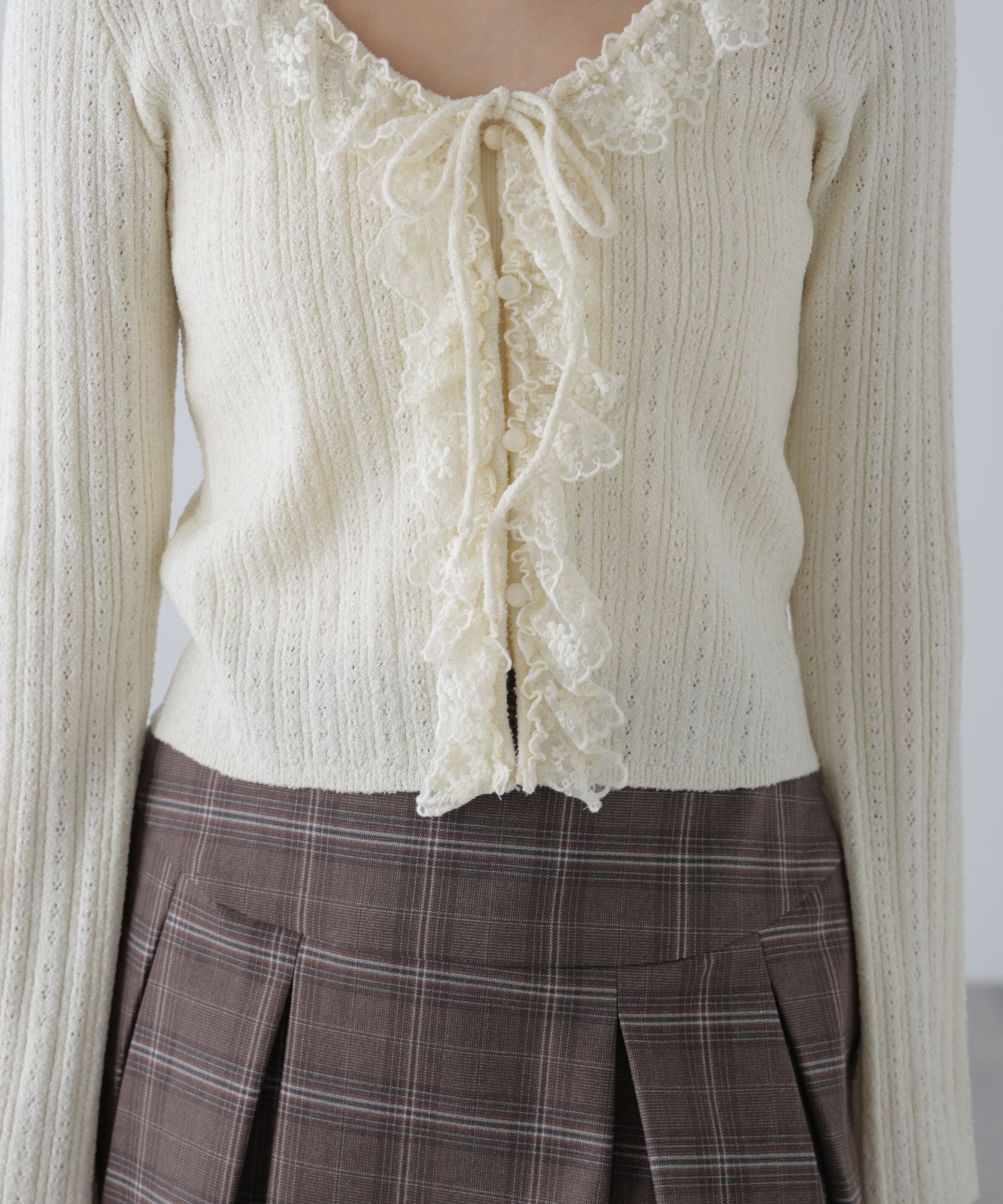  「ミニブークレーフリルレースカーディガン」|ニット・セーター|