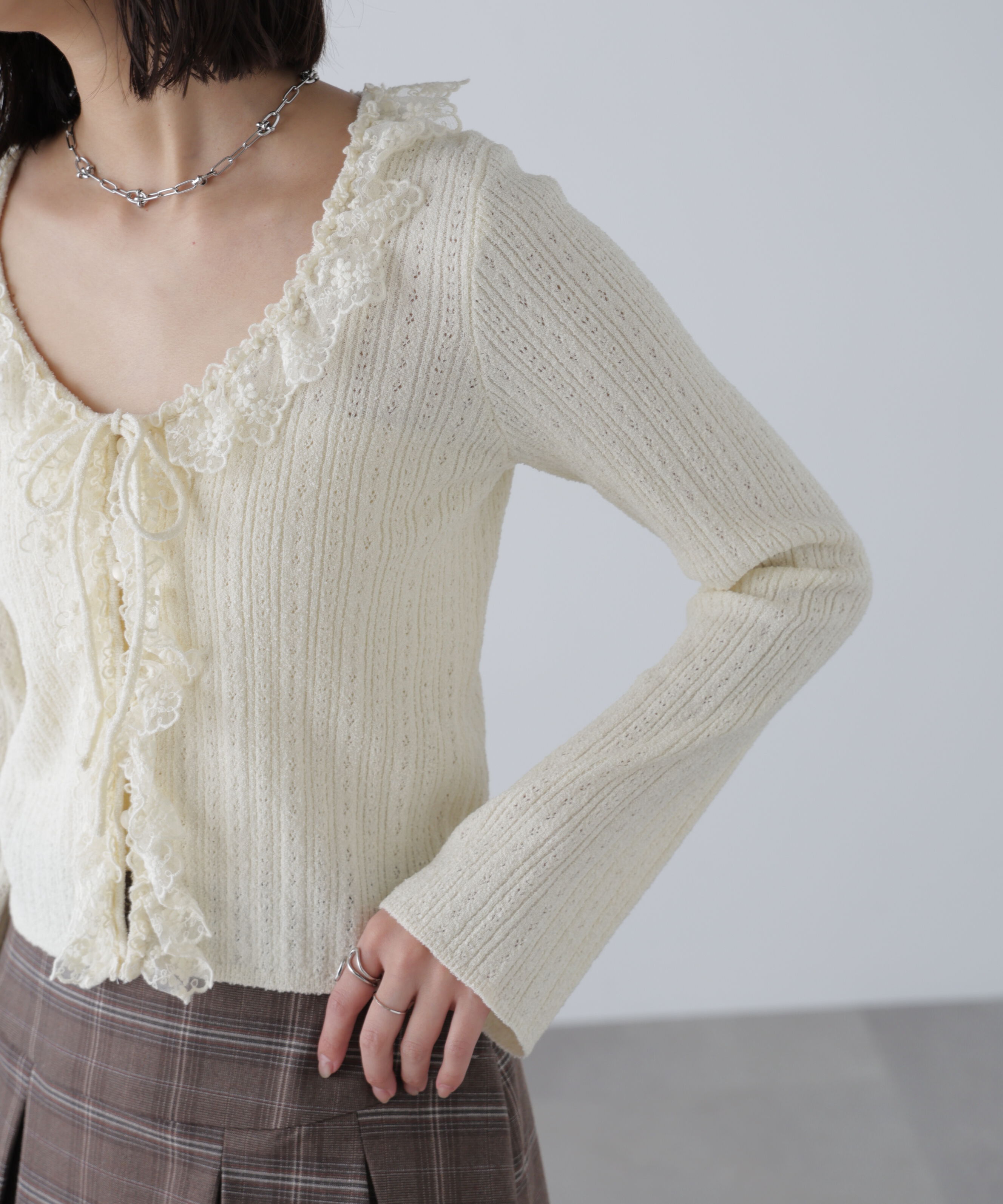  「ミニブークレーフリルレースカーディガン」|ニット・セーター|
