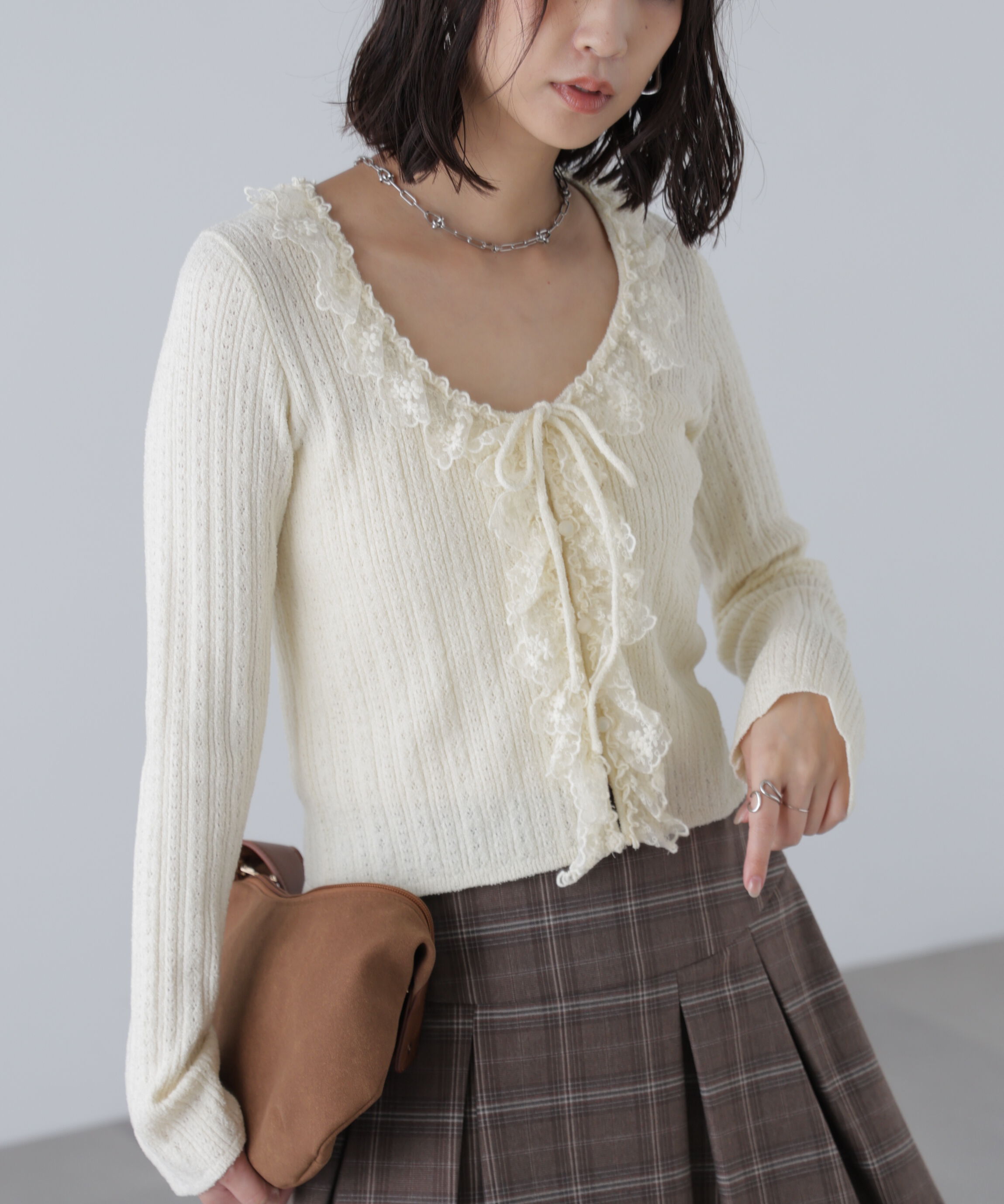  「ミニブークレーフリルレースカーディガン」|ニット・セーター|