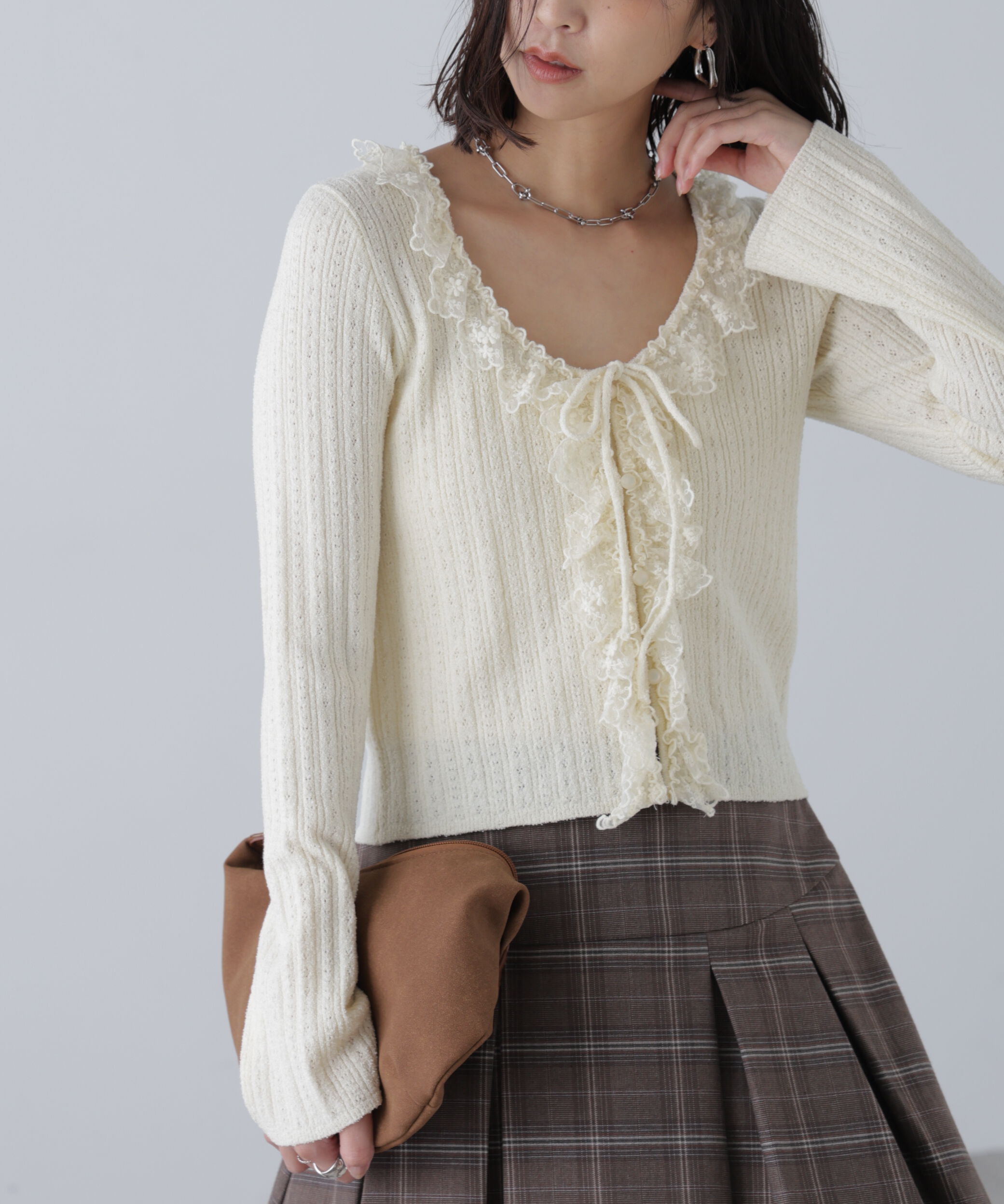  「ミニブークレーフリルレースカーディガン」|ニット・セーター|