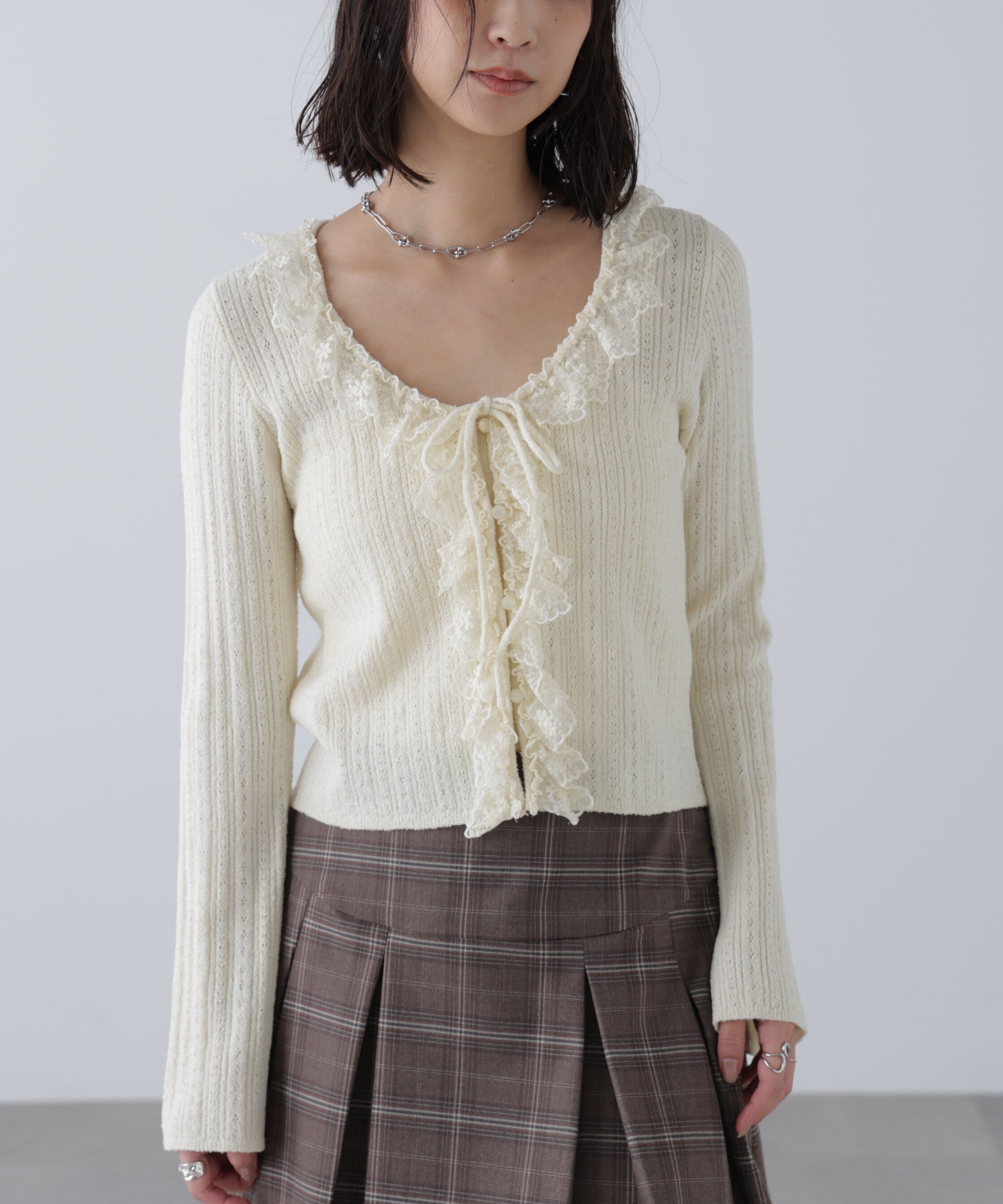  「ミニブークレーフリルレースカーディガン」|ニット・セーター|