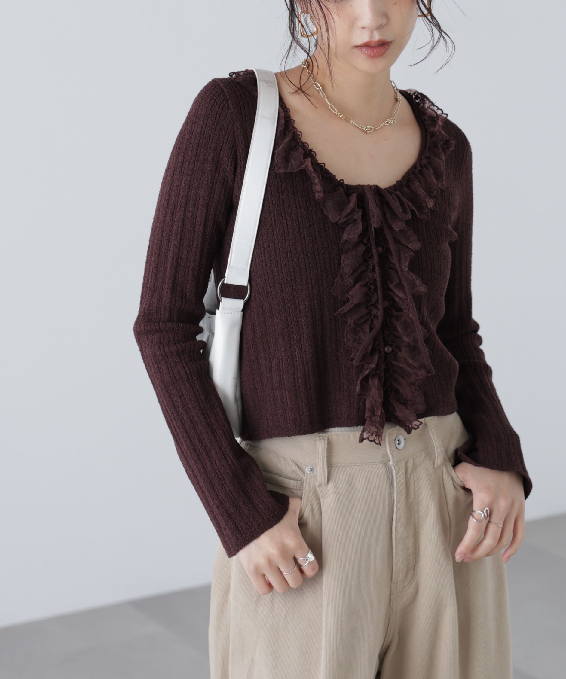  「ミニブークレーフリルレースカーディガン」|ニット・セーター|