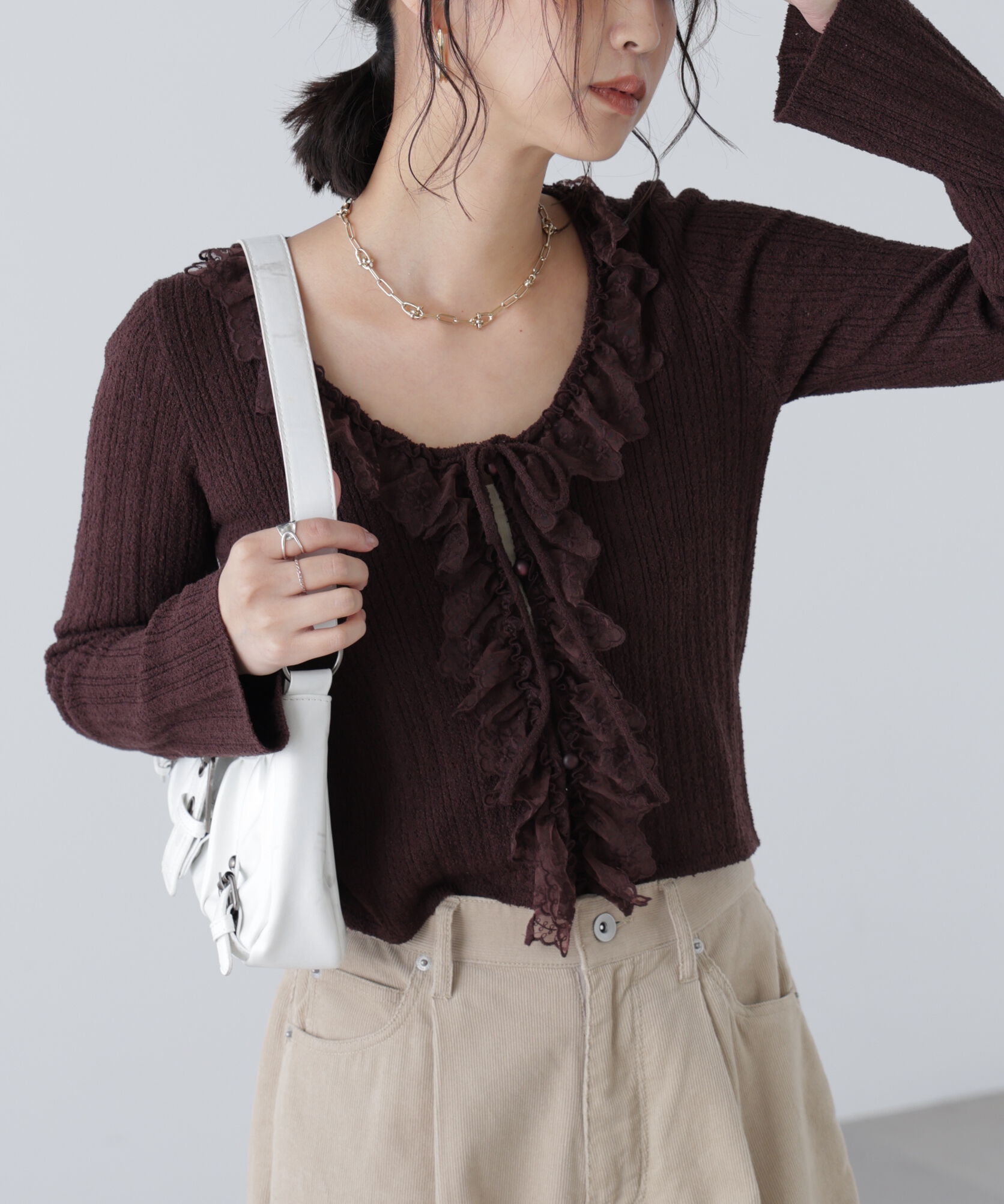  「ミニブークレーフリルレースカーディガン」|ニット・セーター|
