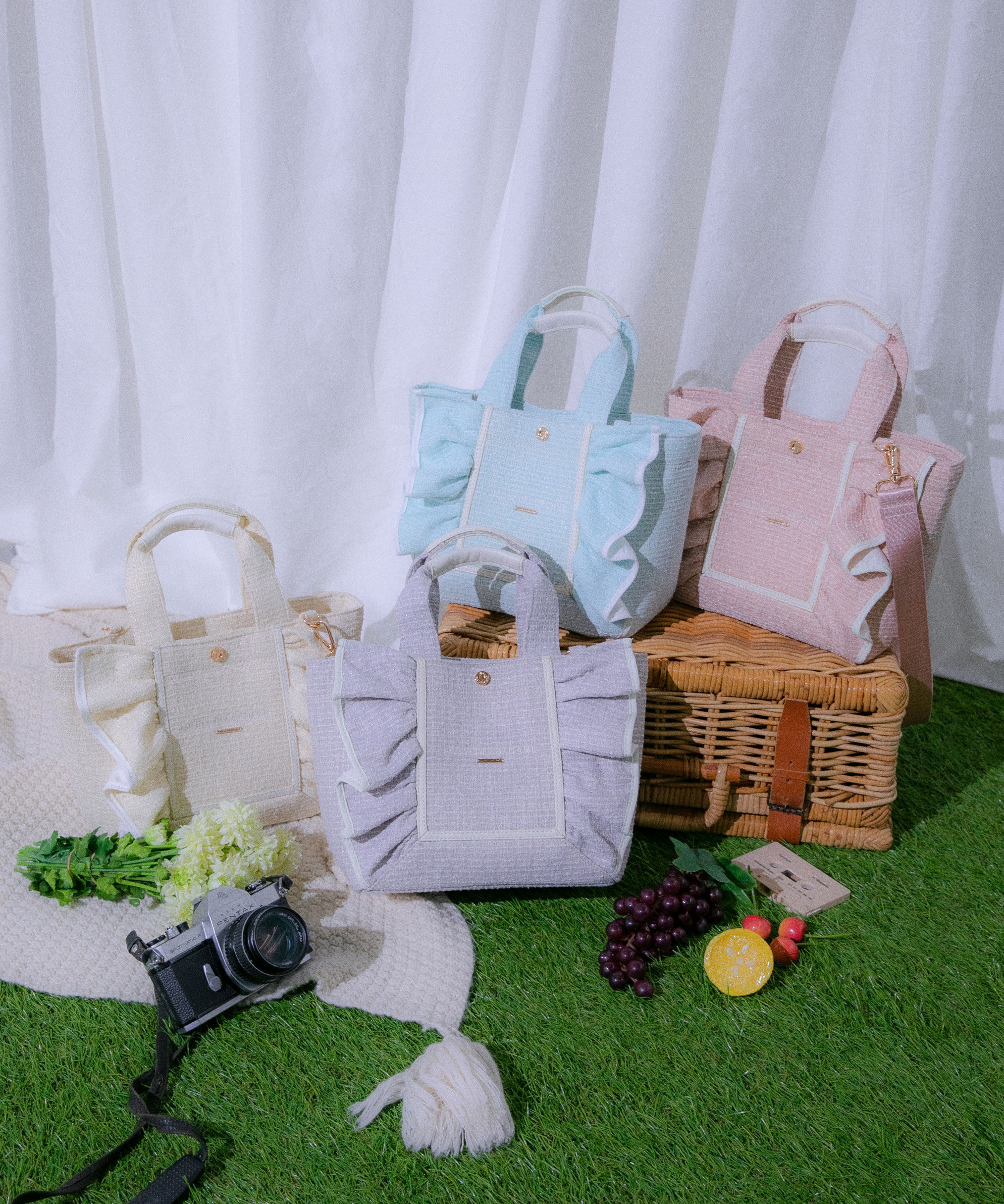  「パステルツイードフレームフリルトートバッグ」|その他|アクアブルー