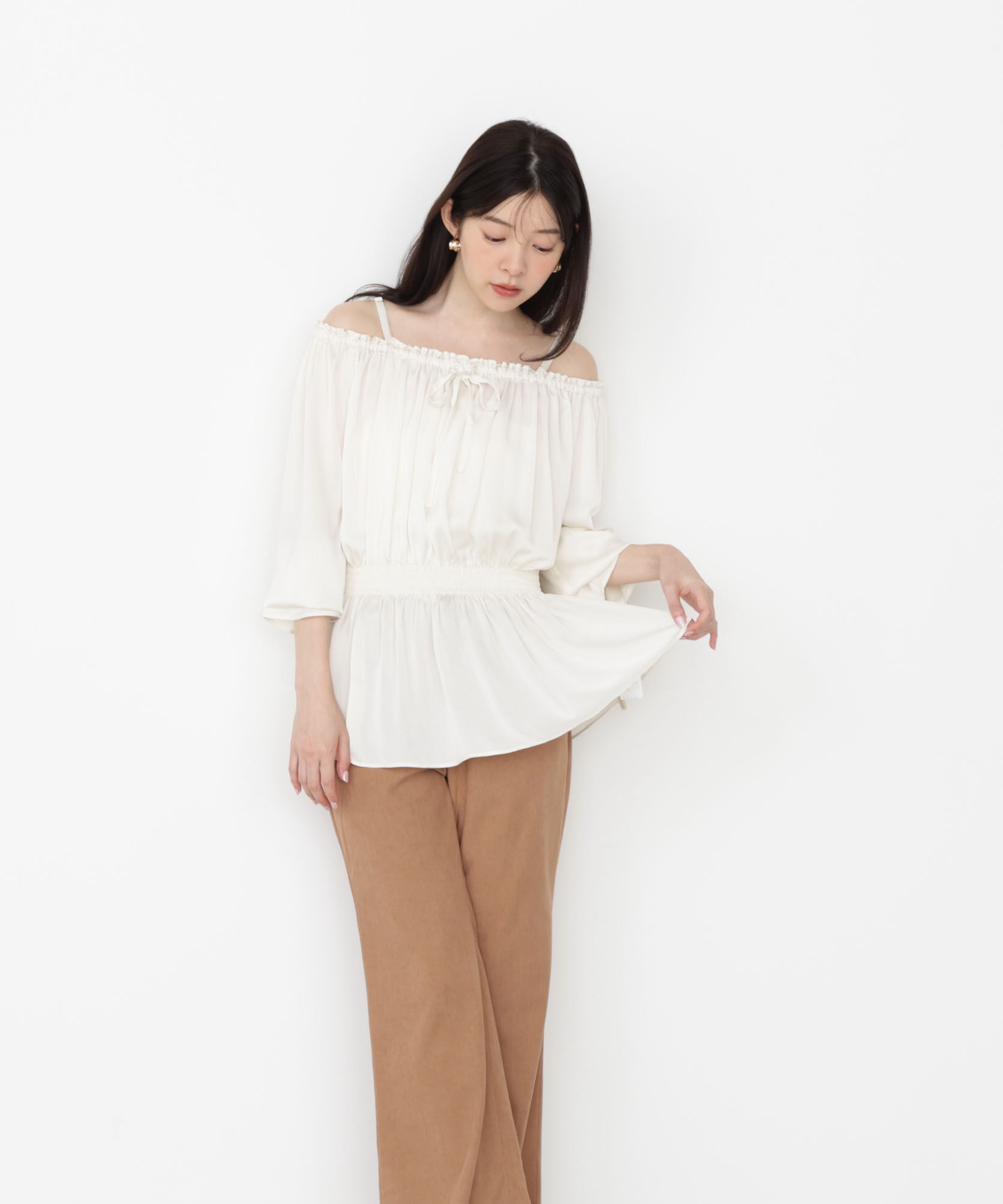 PROPORTION BODY DRESSING「《EDIT COLOGNE》＜ウォッシャブル＞リボン付きオフショルブラウス」|シャツ・ブラウス|