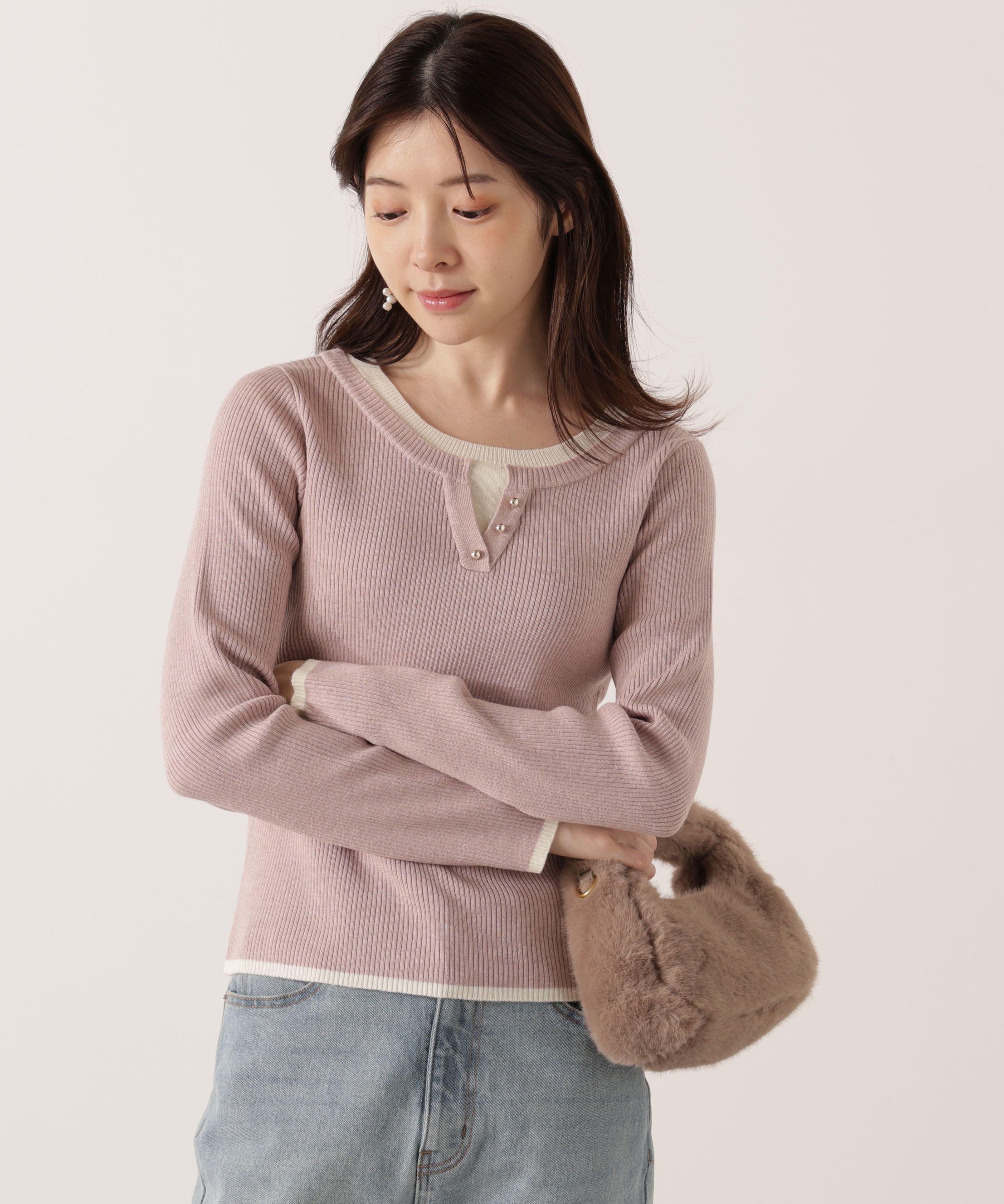 PROPORTION BODY DRESSING「＜ウォッシャブル＞レイヤード風ヘンリーネックニット 25AW」|ニット・セーター|