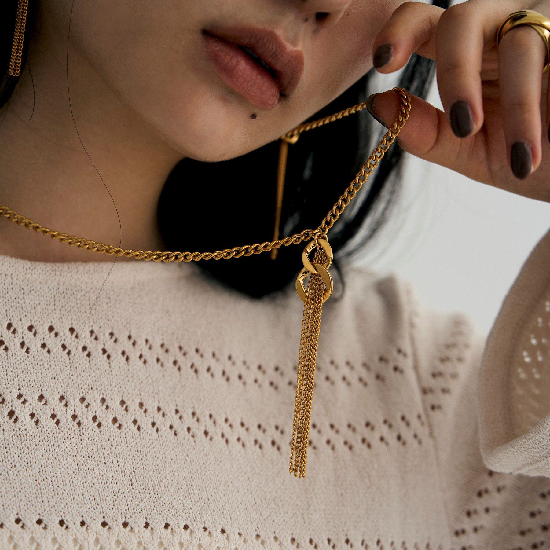 COCOSHNIK ONKITSCH「シルバー カーブチェーンモチーフフリンジネックレス GP」|ネックレス|