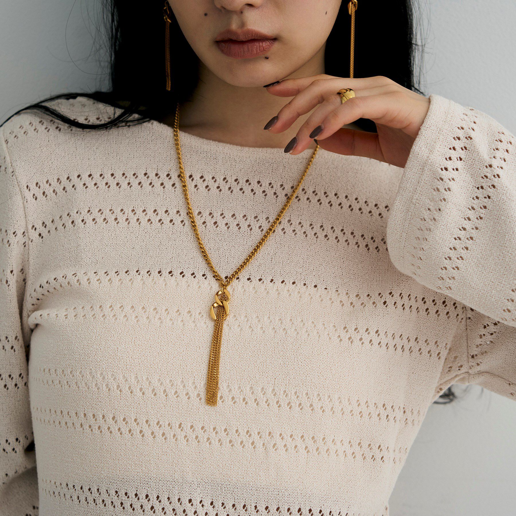 COCOSHNIK ONKITSCH「シルバー カーブチェーンモチーフフリンジネックレス GP」|ネックレス|