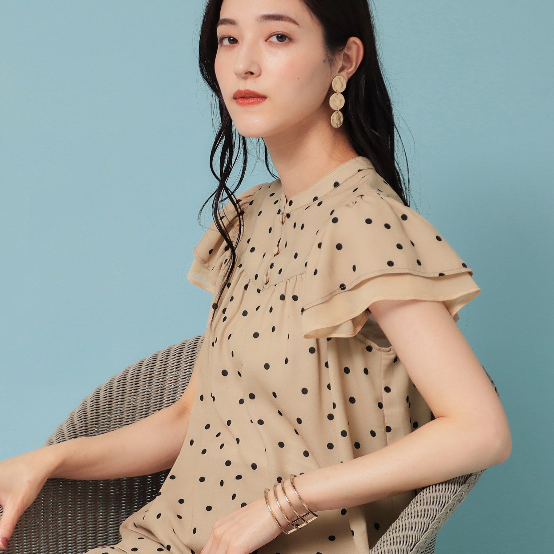 SunaUna「【袖ラッフル／S～L】ドット柄ブラウス」|シャツ・ブラウス|