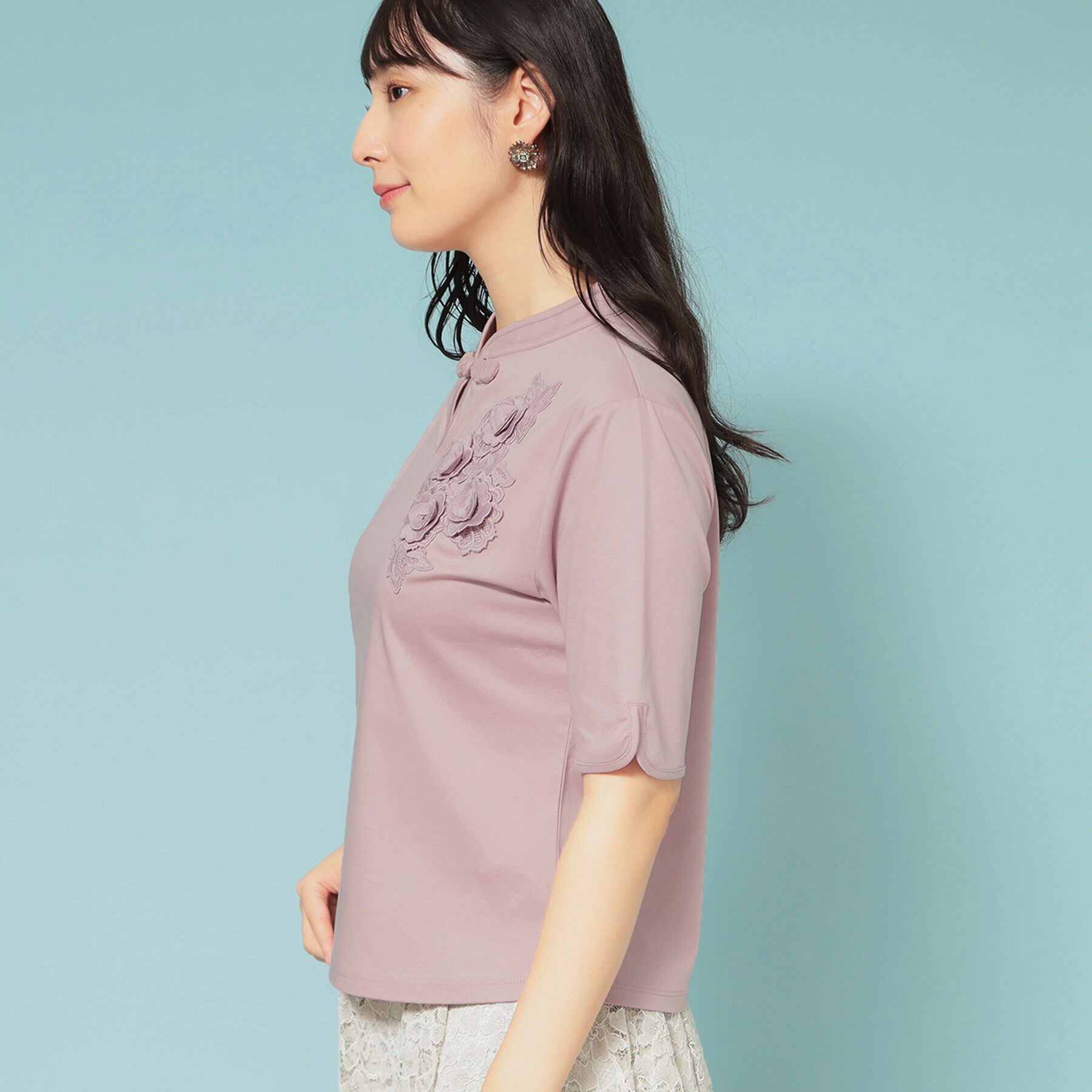 SunaUna「【5分袖／チャイナカラー】半袖プルオーバー」|Tシャツ・カットソー|