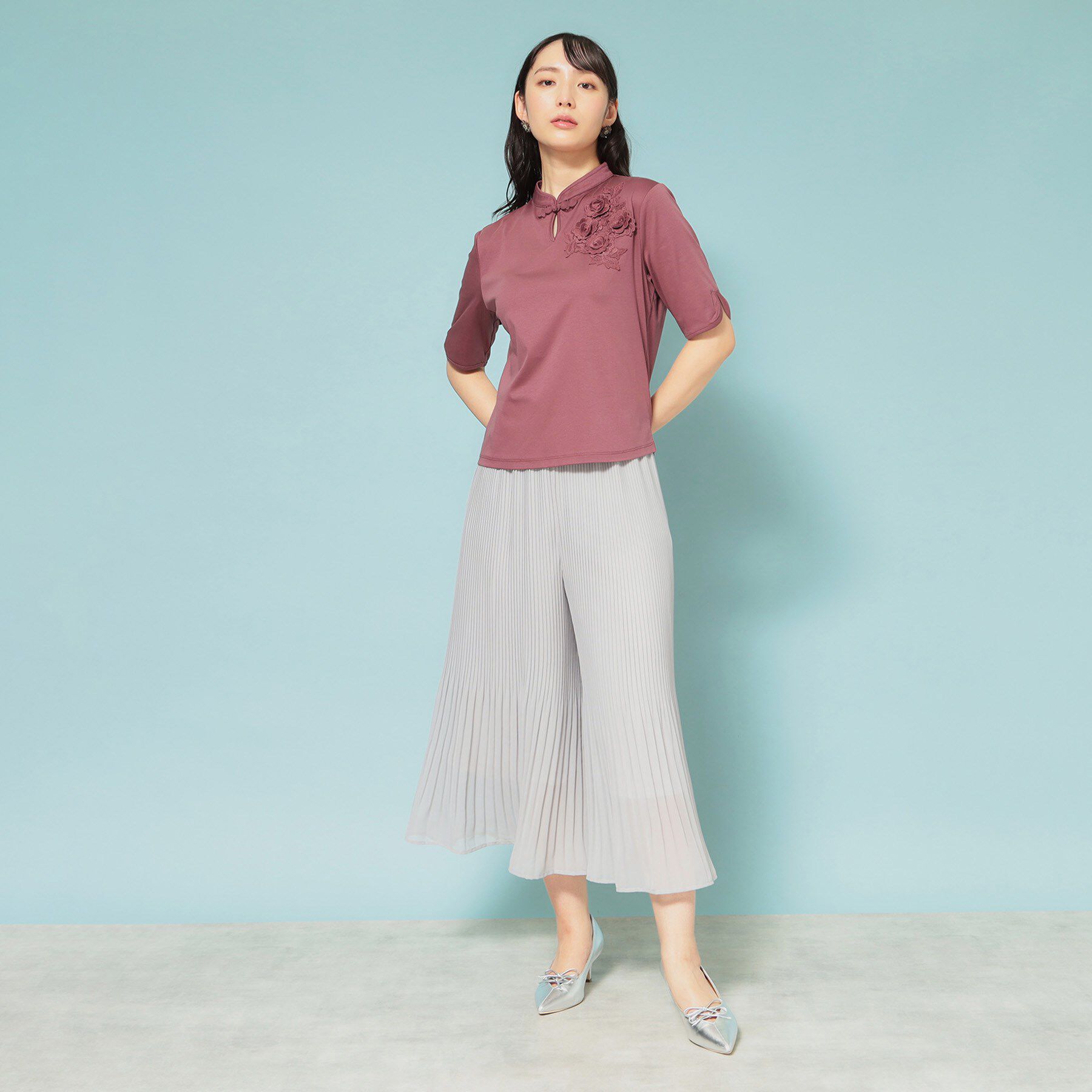 SunaUna「【5分袖／チャイナカラー】半袖プルオーバー」|Tシャツ・カットソー|