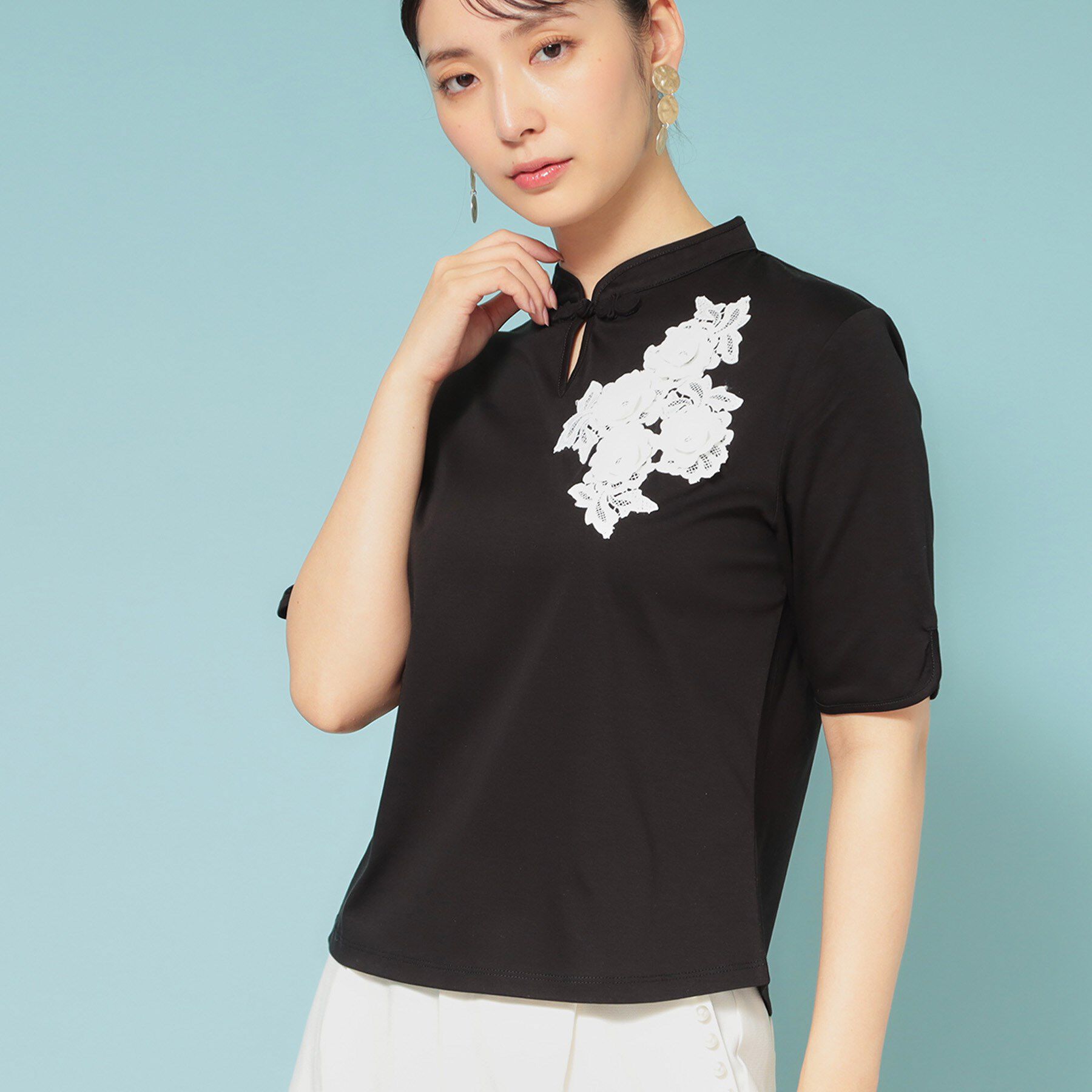 SunaUna「【5分袖／チャイナカラー】半袖プルオーバー」|Tシャツ・カットソー|