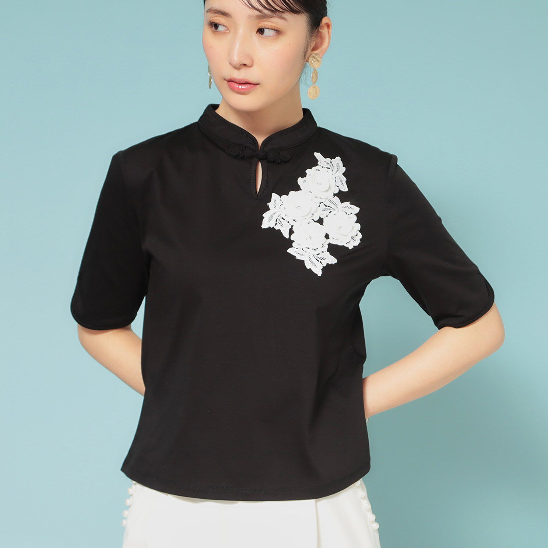 SunaUna「【5分袖／チャイナカラー】半袖プルオーバー」|Tシャツ・カットソー|