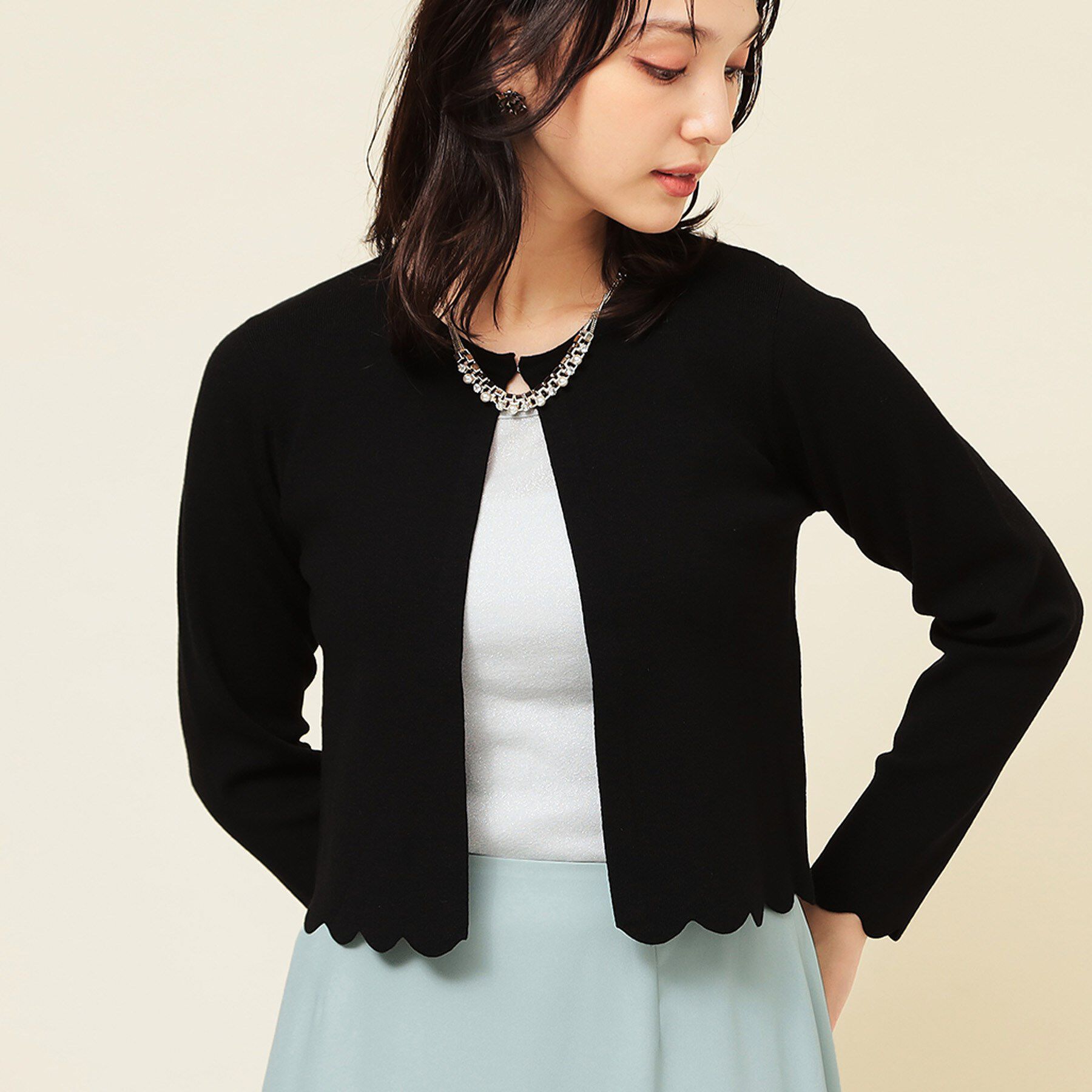 SunaUna「【4色展開／定番】スカラップボレロ」|カーディガン|ブラック(019)