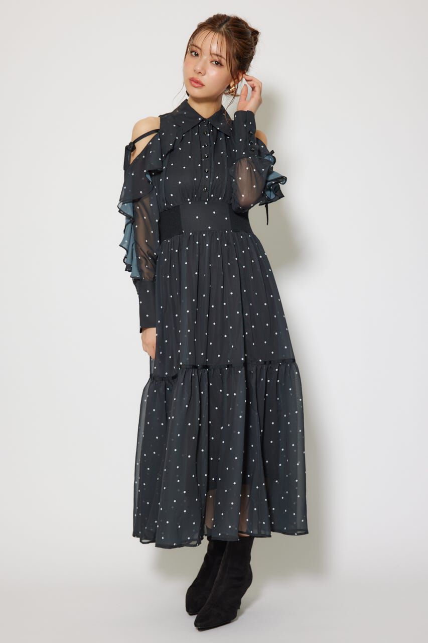 rienda「フリルスリーブニットドッキングワンピ」|ワンピース|BLK