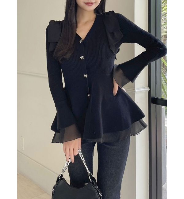 dazzlin「ショルダーリボンニットチュニック」|ニット・セーター|ブラック