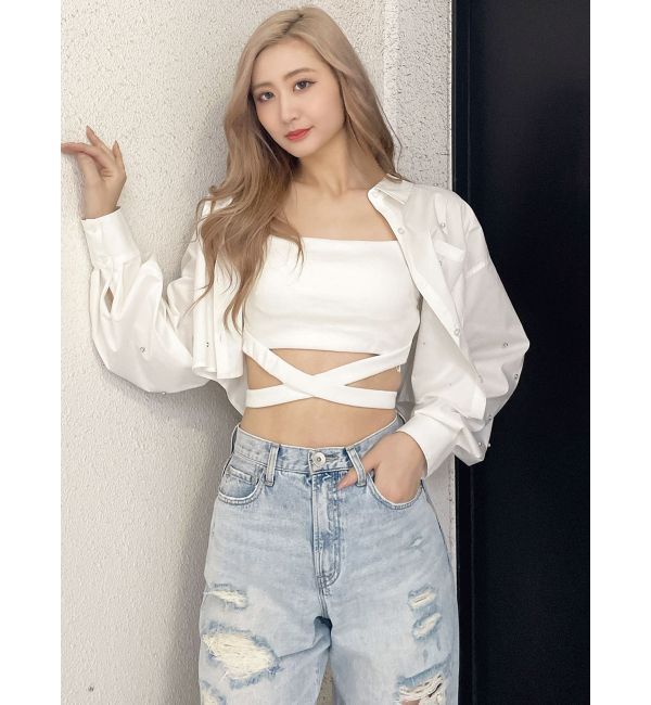 GYDA「ビジュー スタッズ ショート LOOSE シャツ」|シャツ・ブラウス|