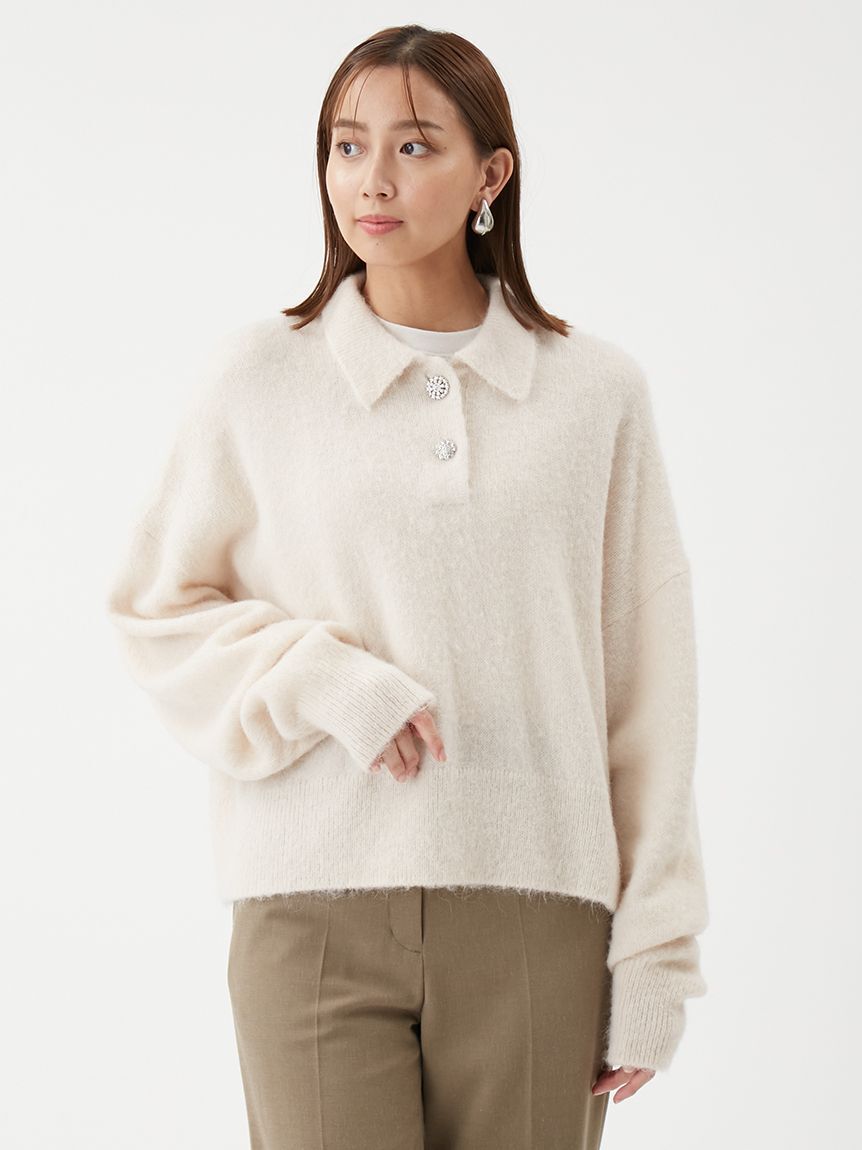 Mila Owen「【USAGI ONLINE・ZOZOTOWN限定カラー】ビジュー釦クロップドポロニットプルオーバー」|ポロシャツ|