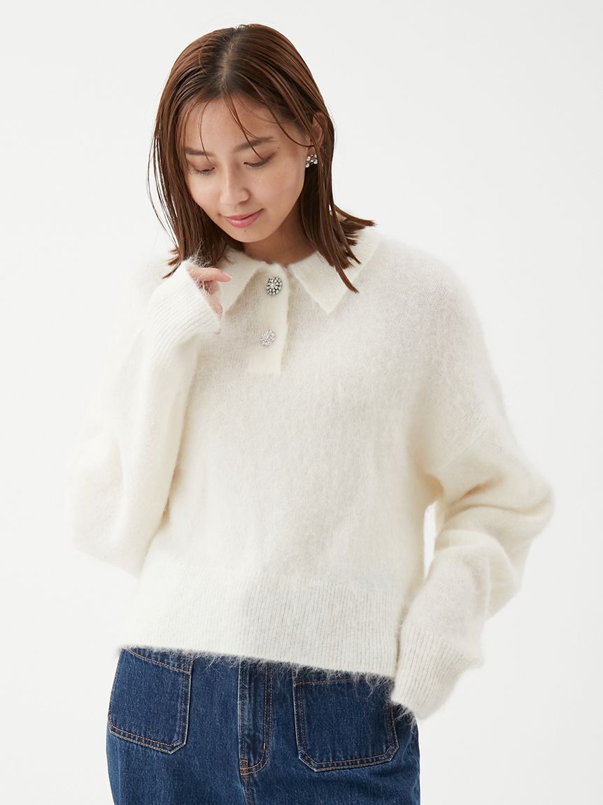 Mila Owen「【USAGI ONLINE・ZOZOTOWN限定カラー】ビジュー釦クロップドポロニットプルオーバー」|ポロシャツ|