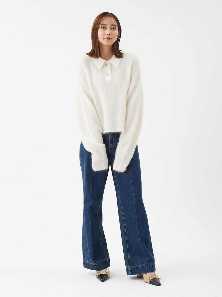 Mila Owen「【USAGI ONLINE・ZOZOTOWN限定カラー】ビジュー釦クロップドポロニットプルオーバー」|ポロシャツ|