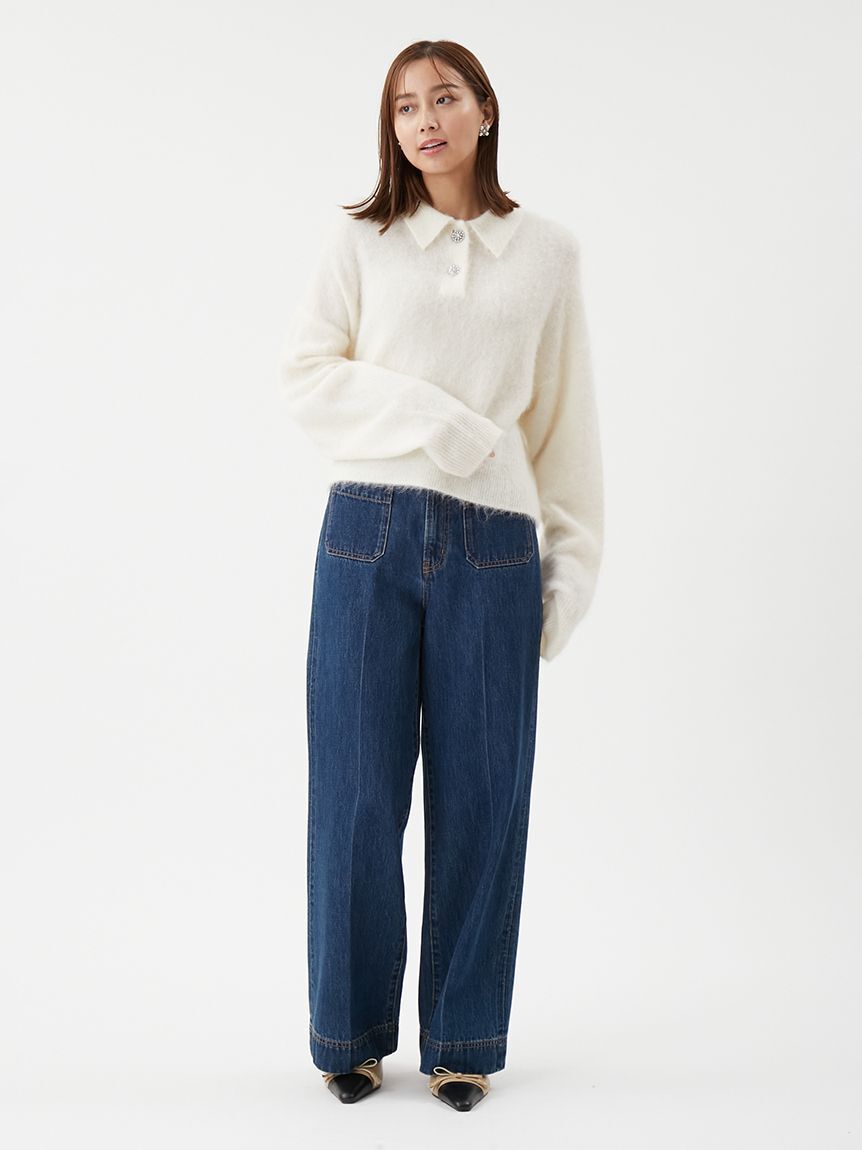 Mila Owen「【USAGI ONLINE・ZOZOTOWN限定カラー】ビジュー釦クロップドポロニットプルオーバー」|ポロシャツ|