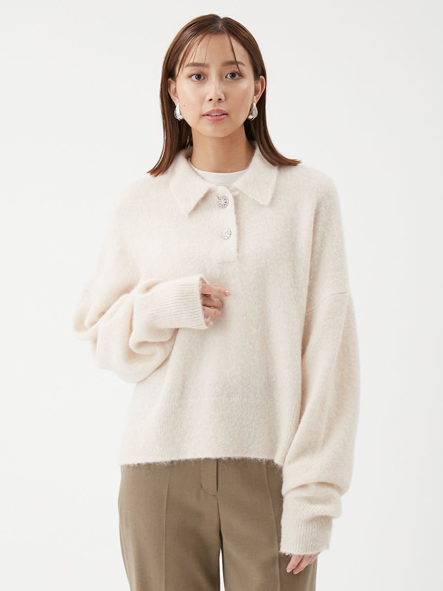 Mila Owen「【USAGI ONLINE・ZOZOTOWN限定カラー】ビジュー釦クロップドポロニットプルオーバー」|ポロシャツ|