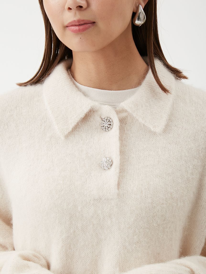 Mila Owen「【USAGI ONLINE・ZOZOTOWN限定カラー】ビジュー釦クロップドポロニットプルオーバー」|ポロシャツ|