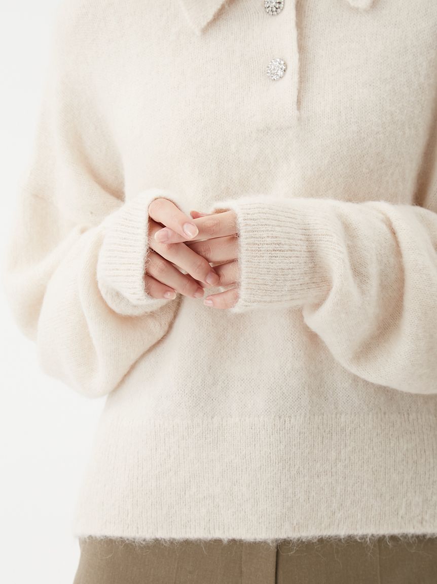 Mila Owen「【USAGI ONLINE・ZOZOTOWN限定カラー】ビジュー釦クロップドポロニットプルオーバー」|ポロシャツ|