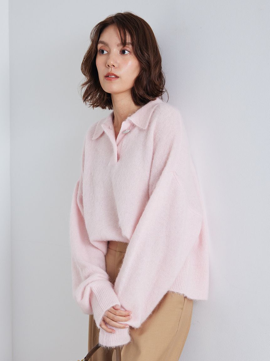 Mila Owen「【USAGI ONLINE・ZOZOTOWN限定カラー】ビジュー釦クロップドポロニットプルオーバー」|ポロシャツ|LPNK