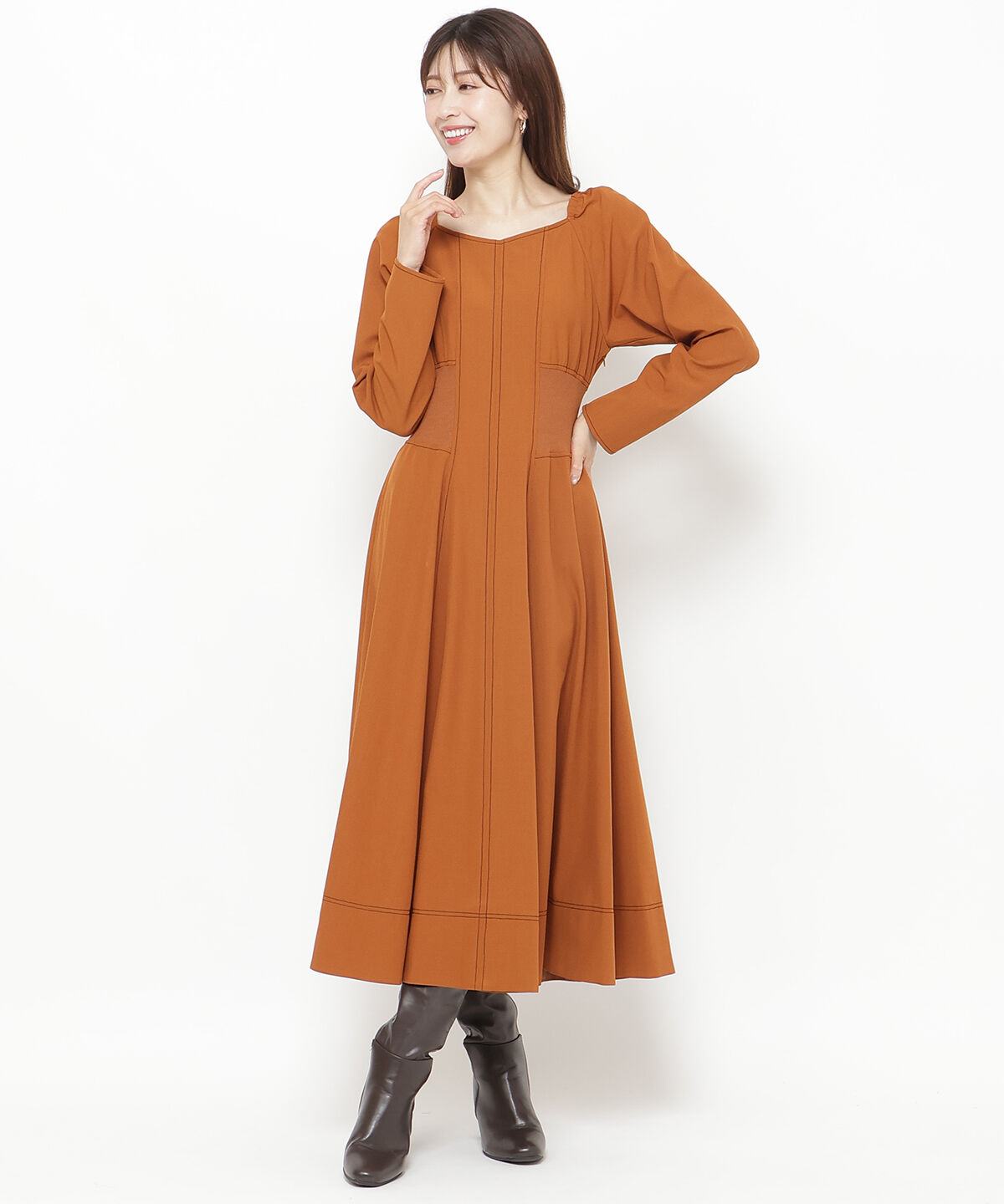 アンドクチュール「ウエストリブ配色ステッチワンピース」|ワンピース|