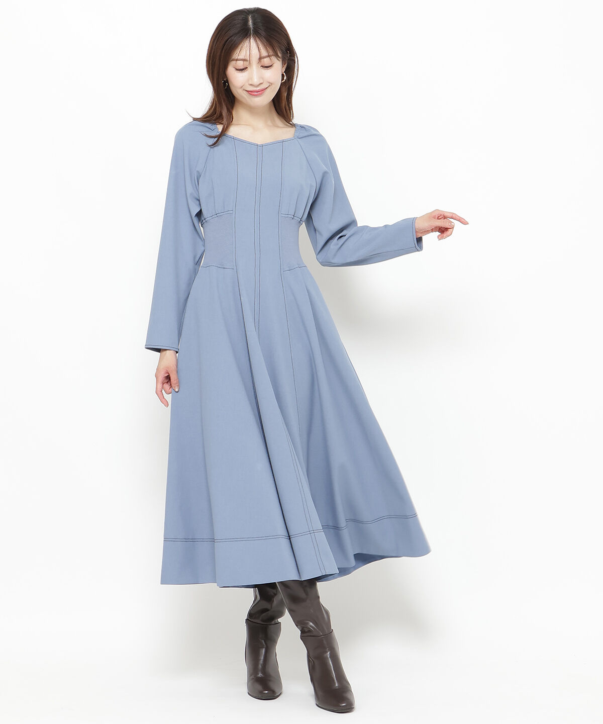 アンドクチュール「ウエストリブ配色ステッチワンピース」|ワンピース|ブルー