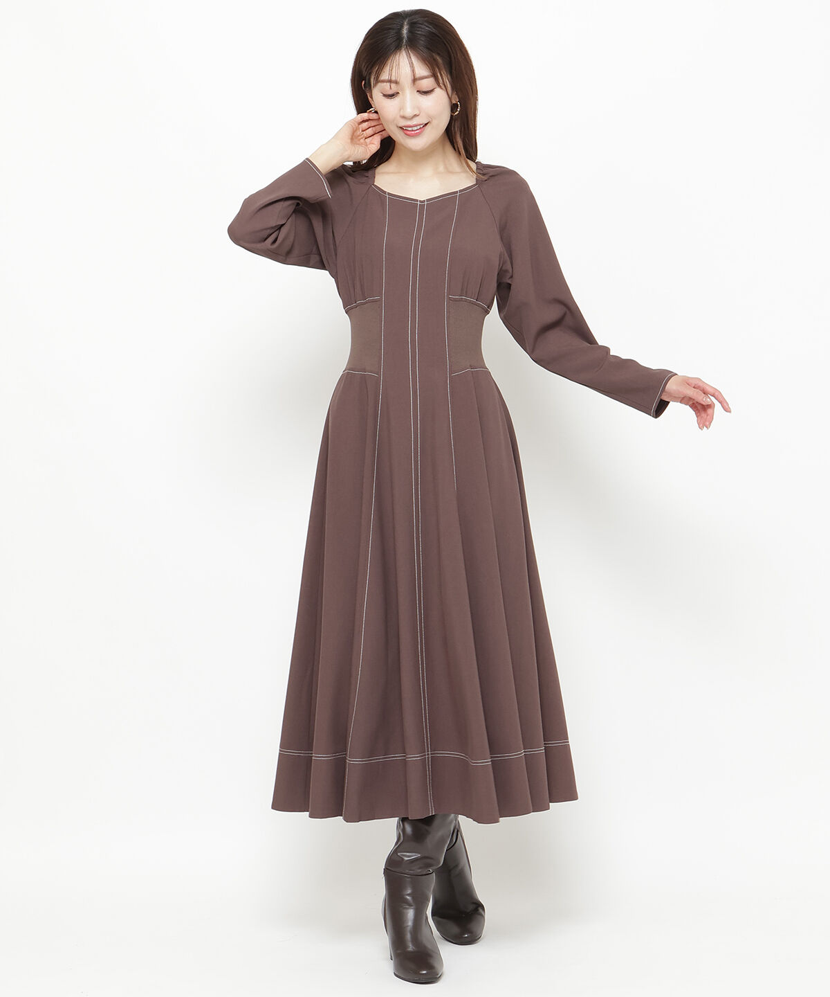 アンドクチュール「ウエストリブ配色ステッチワンピース」|ワンピース|