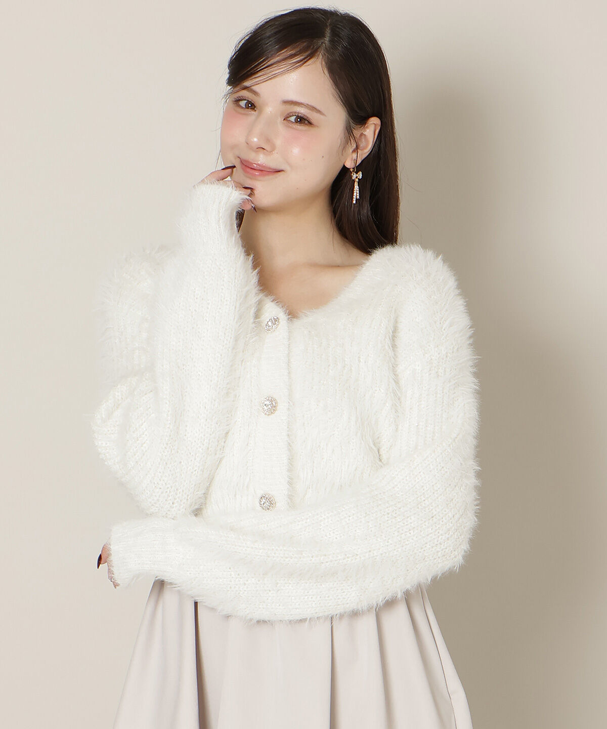 WILLSELECTION「Vネックラメフェザーカーディガン」|カーディガン|オフ