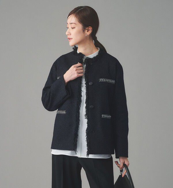 UNITED ARROWS「2トーン ツイードライク ノーカラー ジャケット」|ノーカラージャケット|