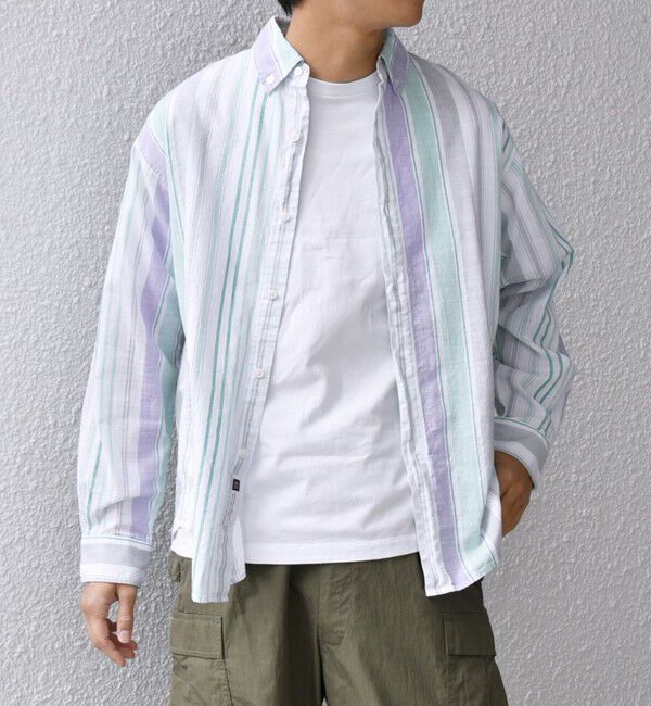SHIPS any「SHIPS any: BEZ TEXTILE マルチカラー ストライプ / ソリッド ボタンダウン シャツ◇」|シャツ・ブラウス|グリーン