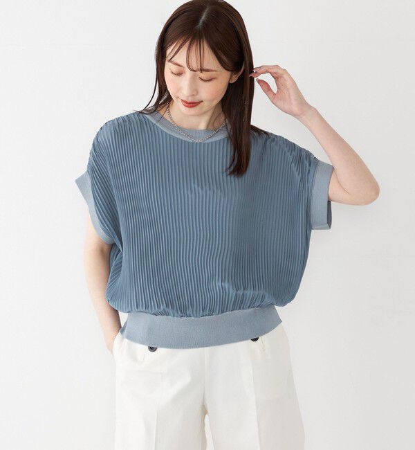 SHIPS Colors 「SHIPS Colors:〈手洗い可能〉プリーツ ニット コンビ プルオーバー」|シャツ・ブラウス|ブルー