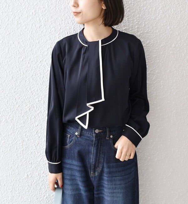 SHIPS Colors 「《予約》SHIPS Colors:〈手洗い可能〉バイカラー トリム ボウタイ ブラウス◆」|シャツ・ブラウス|ネイビー