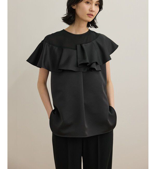 ROPE「サテンラッフルブラウス/洗える」|シャツ・ブラウス|ブラック(01)