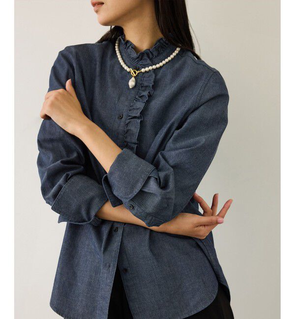 ROPE「テンセルデニムスタンドフリルシャツ/イージーケア・セットアップ対応」|シャツ・ブラウス|