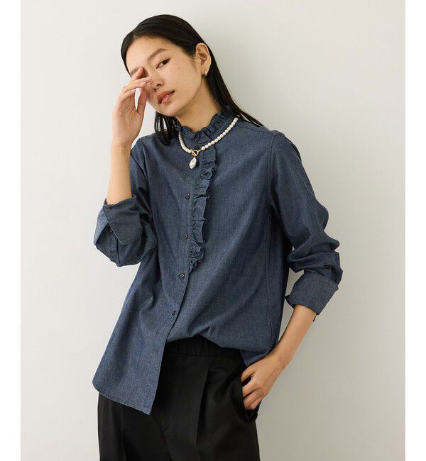 ROPE「テンセルデニムスタンドフリルシャツ/イージーケア・セットアップ対応」|シャツ・ブラウス|