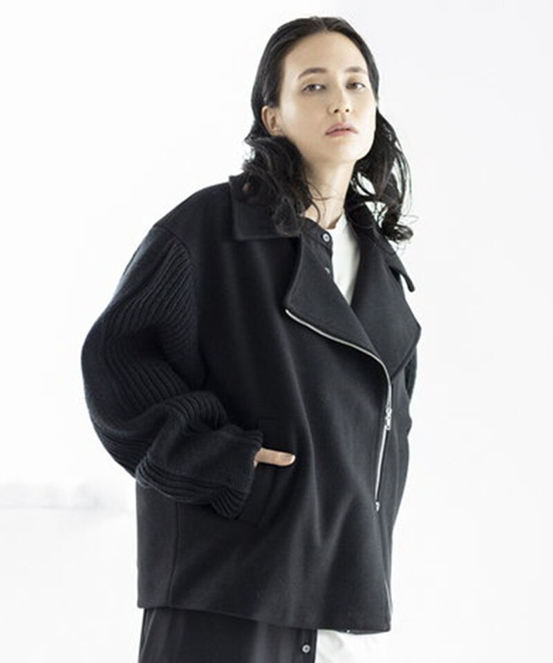  「ニットスリーブライダースジャケット」|ライダースジャケット|BLACK