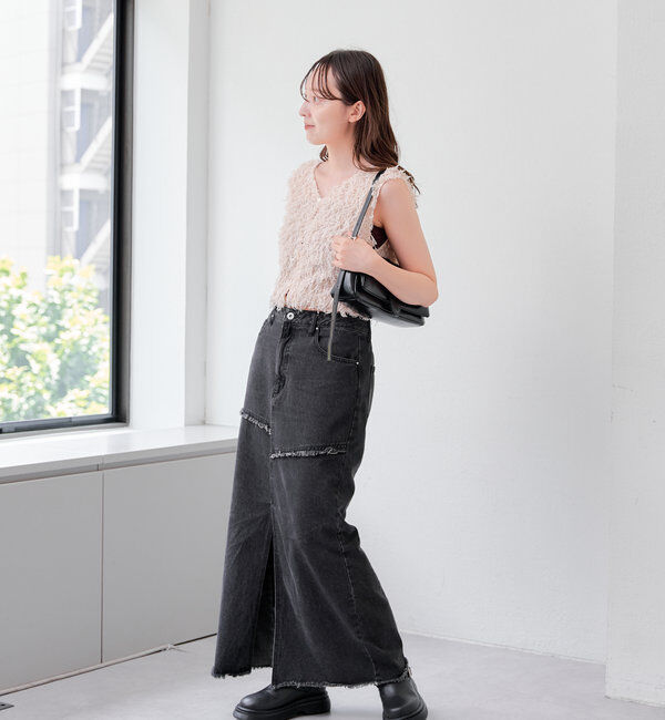  「【2サイズ展開】デニムロングスリットスカート」|スカート|