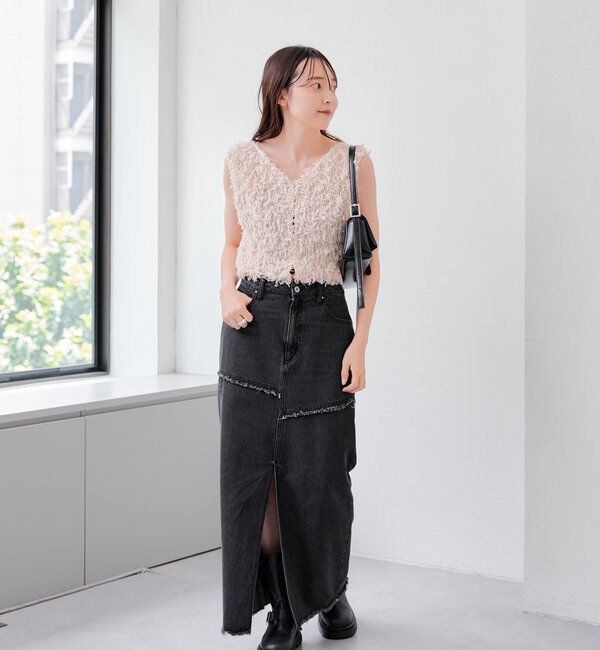  「【2サイズ展開】デニムロングスリットスカート」|スカート|