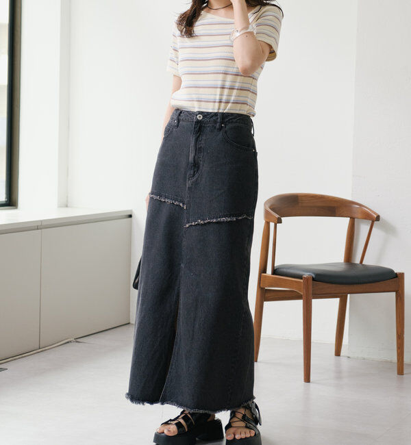  「【2サイズ展開】デニムロングスリットスカート」|スカート|